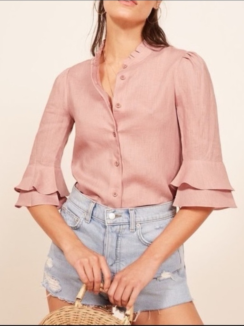 Reformation Pink Ruffle Sleeve Button-Down Blouse